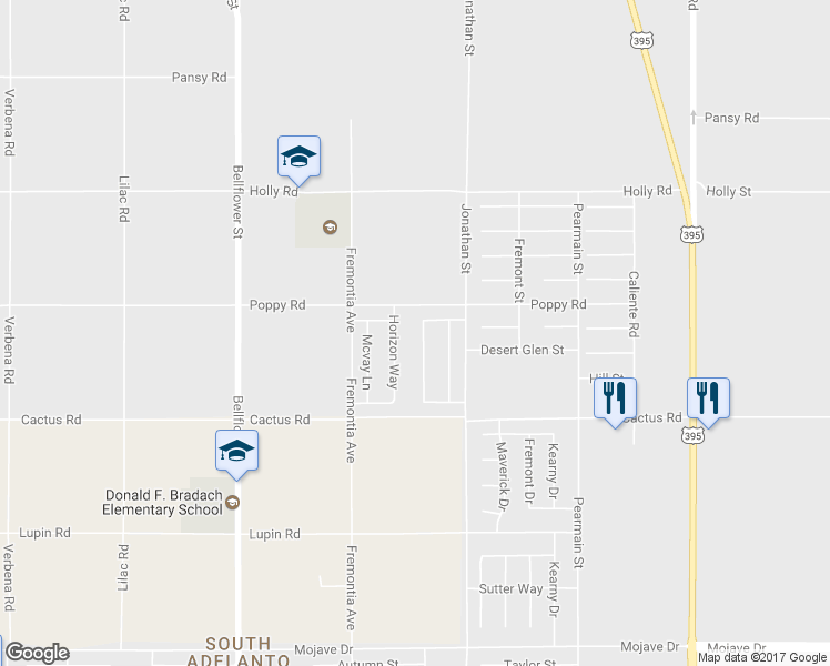 map of restaurants, bars, coffee shops, grocery stores, and more near 15850 Desert Rock Street in Adelanto