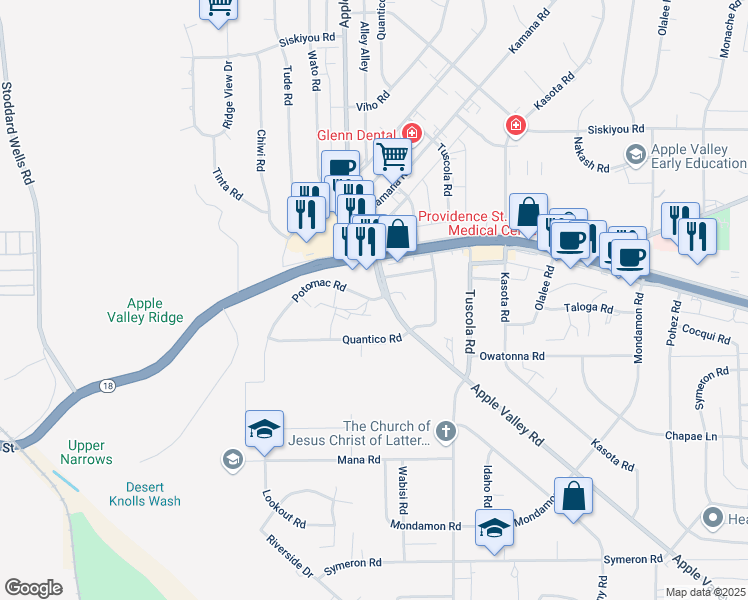map of restaurants, bars, coffee shops, grocery stores, and more near Potomac Road in Apple Valley