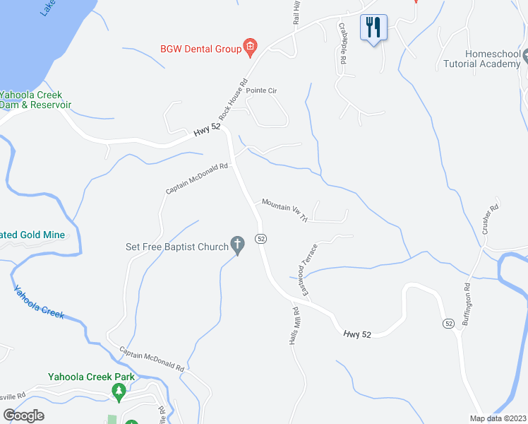 map of restaurants, bars, coffee shops, grocery stores, and more near 48 Mountain View Trail East in Dahlonega
