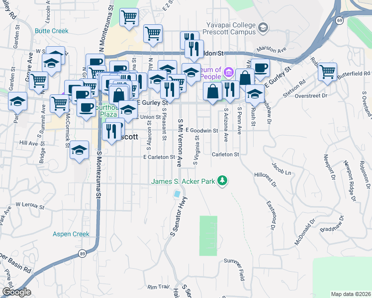 map of restaurants, bars, coffee shops, grocery stores, and more near 223 South Mount Vernon Avenue in Prescott