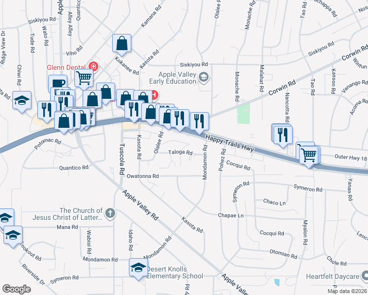 map of restaurants, bars, coffee shops, grocery stores, and more near 18419 California 18 in Apple Valley