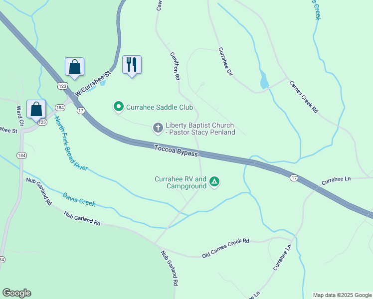 map of restaurants, bars, coffee shops, grocery stores, and more near Georgia 17 in Toccoa