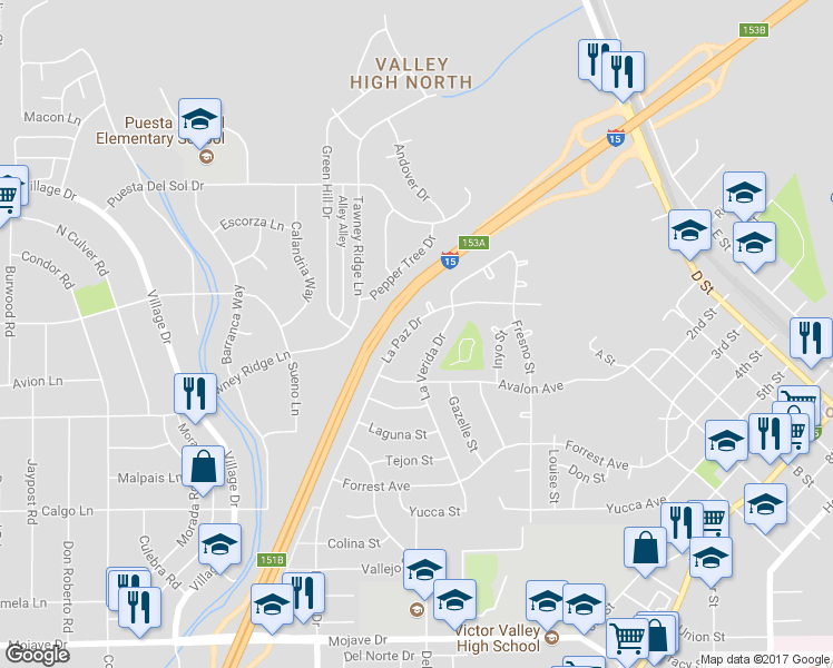 map of restaurants, bars, coffee shops, grocery stores, and more near 15839 La Paz Drive in Victorville