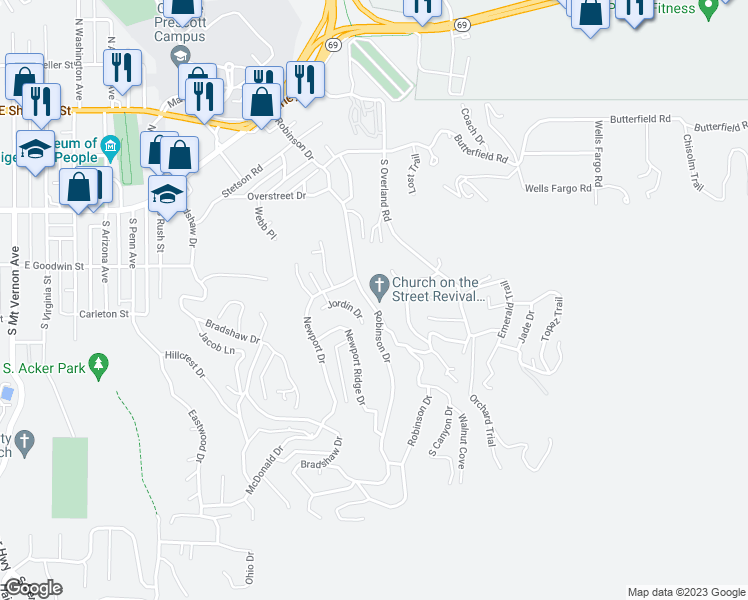 map of restaurants, bars, coffee shops, grocery stores, and more near 527 Robinson Drive in Prescott