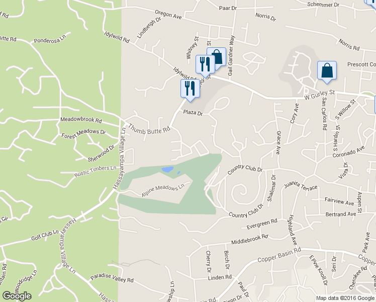 map of restaurants, bars, coffee shops, grocery stores, and more near 335 Country Club Circle in Prescott