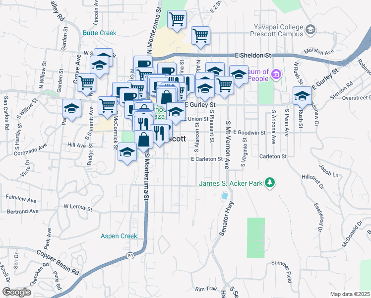 map of restaurants, bars, coffee shops, grocery stores, and more near 221 South Marina Street in Prescott