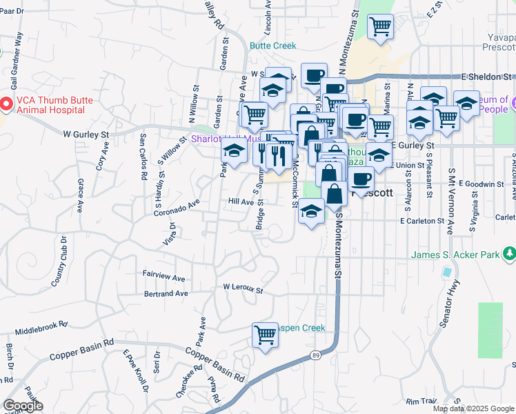 map of restaurants, bars, coffee shops, grocery stores, and more near 510 Hill Avenue in Prescott