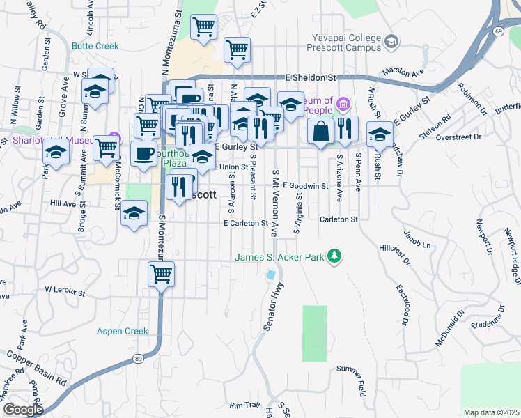 map of restaurants, bars, coffee shops, grocery stores, and more near 221 South Pleasant Street in Prescott