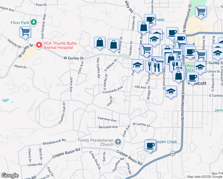 map of restaurants, bars, coffee shops, grocery stores, and more near 238 High Street in Prescott