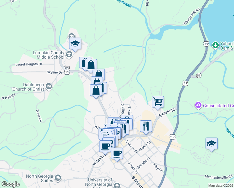 map of restaurants, bars, coffee shops, grocery stores, and more near 48 Oliver Drive in Dahlonega