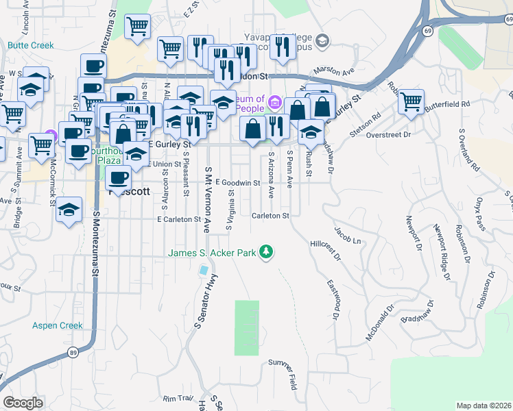 map of restaurants, bars, coffee shops, grocery stores, and more near 224 South Arizona Avenue in Prescott