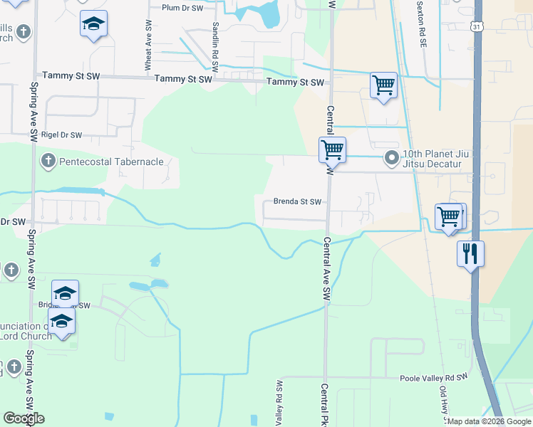 map of restaurants, bars, coffee shops, grocery stores, and more near 407 Brenda Street Southwest in Decatur