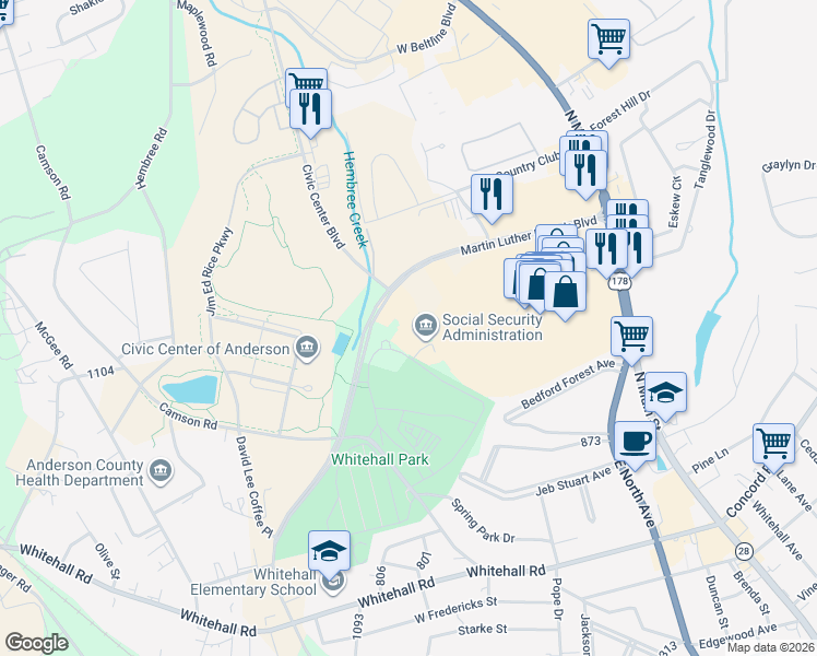 map of restaurants, bars, coffee shops, grocery stores, and more near 4 Civic Center Boulevard Extension in Anderson