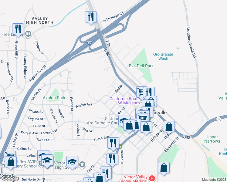 map of restaurants, bars, coffee shops, grocery stores, and more near 15574 2nd Street in Victorville