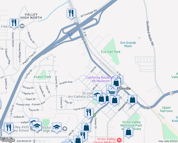map of restaurants, bars, coffee shops, grocery stores, and more near 15574 2nd Street in Victorville