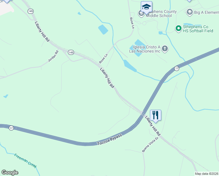 map of restaurants, bars, coffee shops, grocery stores, and more near 1582 Liberty Hill Road in Toccoa