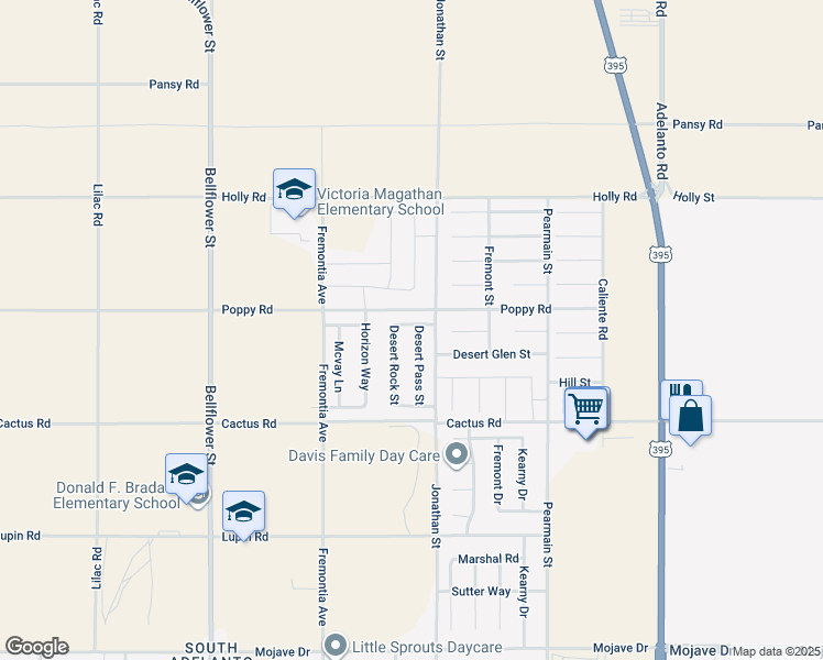map of restaurants, bars, coffee shops, grocery stores, and more near 15866 Desert Pass Street in Adelanto