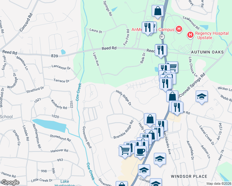 map of restaurants, bars, coffee shops, grocery stores, and more near 312 Holly Ridge Drive in Anderson