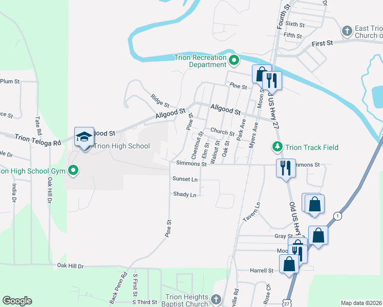 map of restaurants, bars, coffee shops, grocery stores, and more near 700 Pine Street in Trion