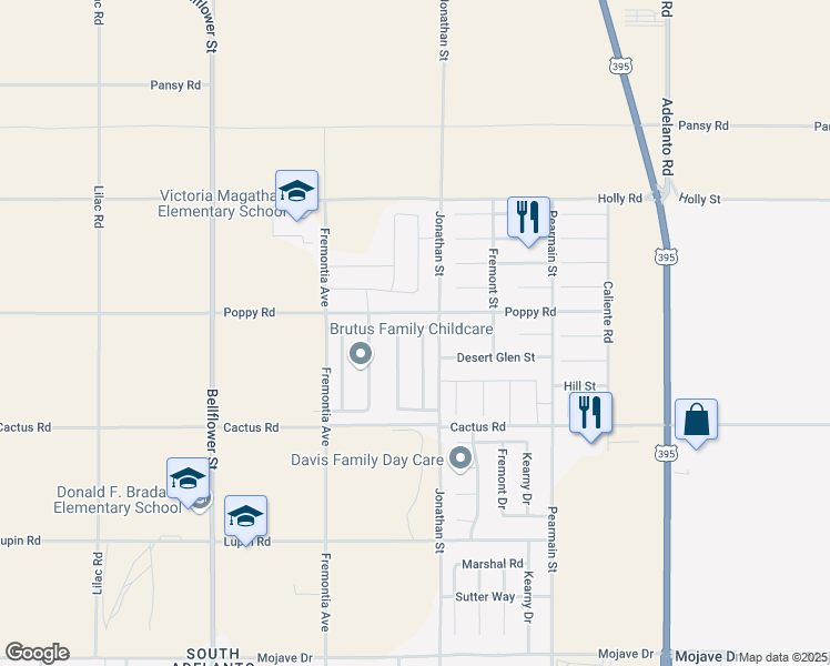 map of restaurants, bars, coffee shops, grocery stores, and more near 15866 Desert Pass Street in Adelanto