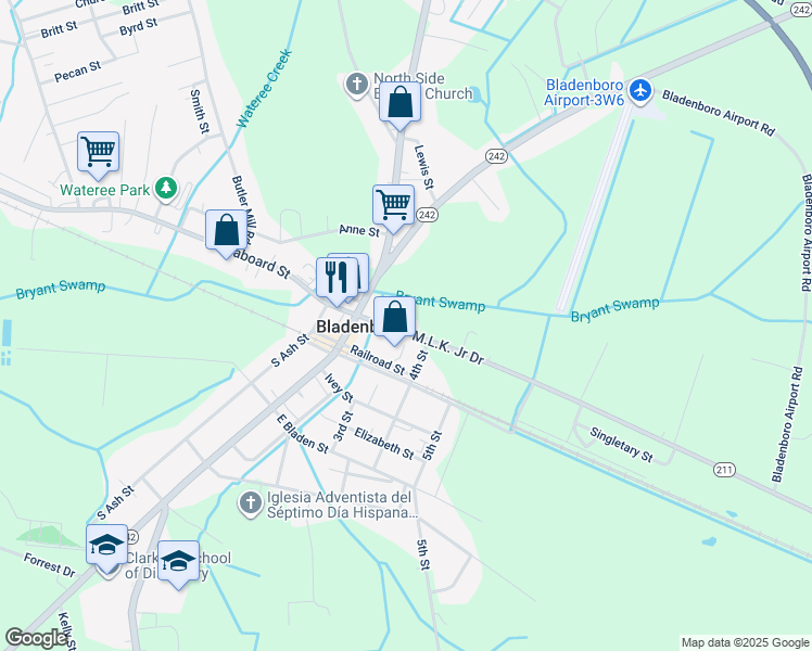 map of restaurants, bars, coffee shops, grocery stores, and more near 210 Martin Luther King Junior Drive in Bladenboro