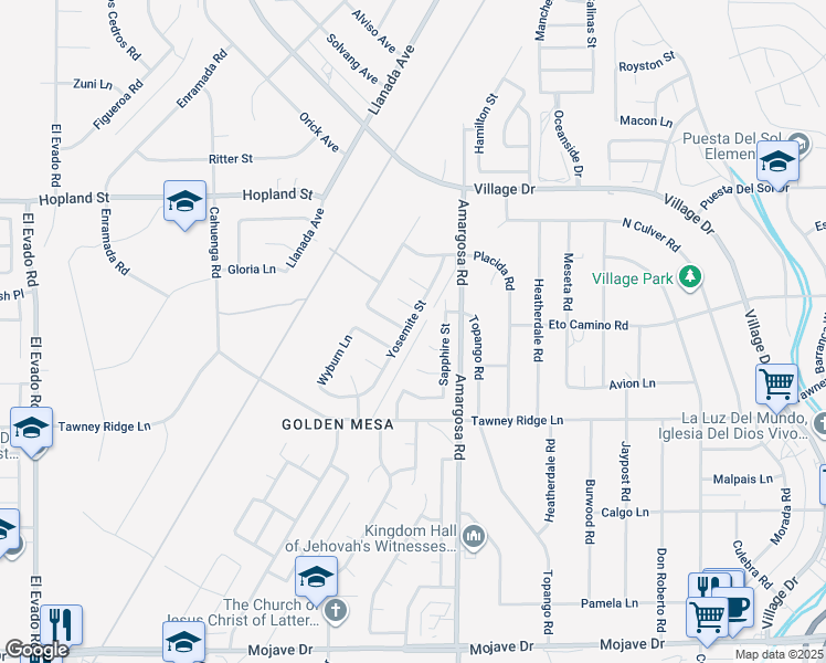 map of restaurants, bars, coffee shops, grocery stores, and more near 15863 Yosemite Street in Victorville