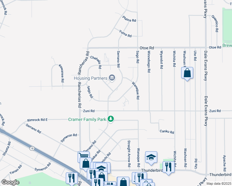 map of restaurants, bars, coffee shops, grocery stores, and more near 15833 Serrano Road in Apple Valley