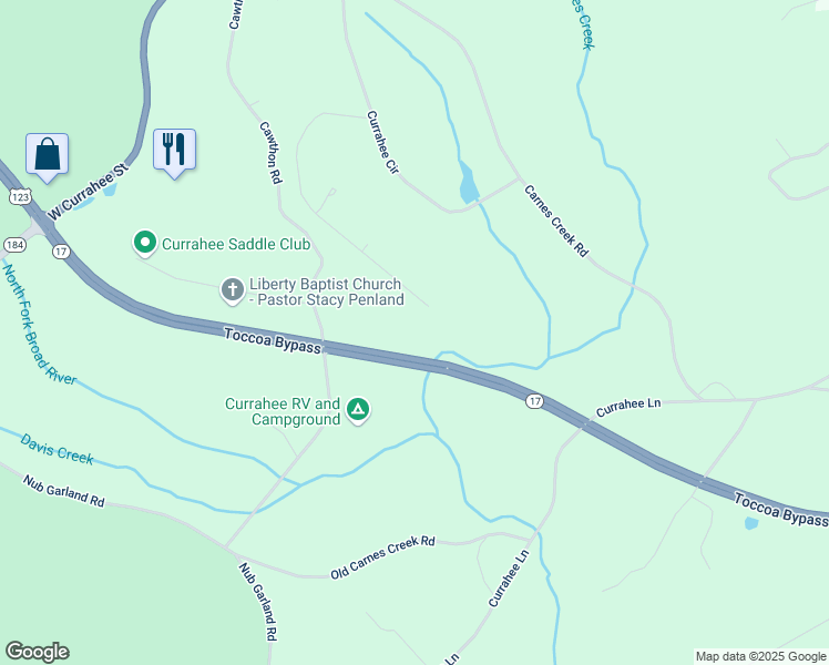 map of restaurants, bars, coffee shops, grocery stores, and more near Sherwood Street in Toccoa