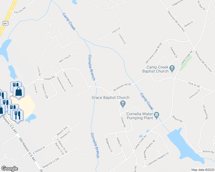 map of restaurants, bars, coffee shops, grocery stores, and more near 2008 Chase Road in Cornelia