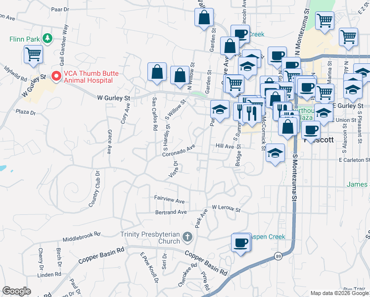 map of restaurants, bars, coffee shops, grocery stores, and more near 655 Glendale Avenue in Prescott