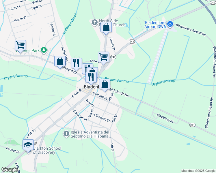 map of restaurants, bars, coffee shops, grocery stores, and more near 210 Martin Luther King Junior Drive in Bladenboro