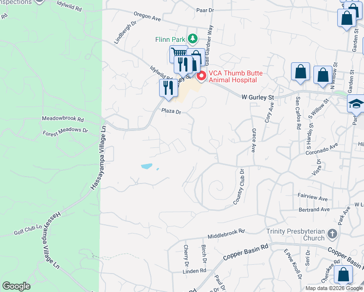 map of restaurants, bars, coffee shops, grocery stores, and more near 350 Rim Rock Circle in Prescott