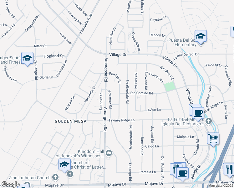 map of restaurants, bars, coffee shops, grocery stores, and more near 15834 Placida Road in Victorville