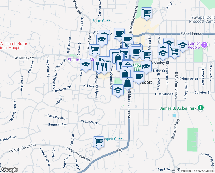 map of restaurants, bars, coffee shops, grocery stores, and more near 240 South McCormick Street in Prescott