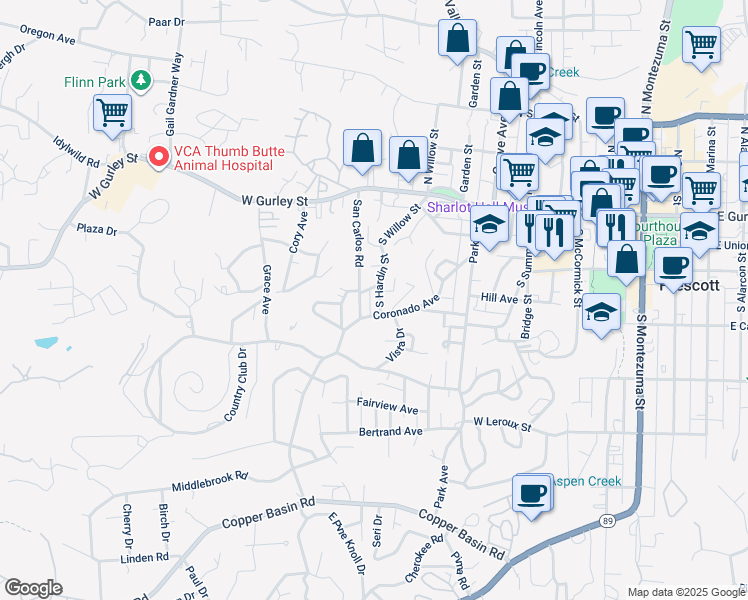 map of restaurants, bars, coffee shops, grocery stores, and more near 295 South Willow Street in Prescott