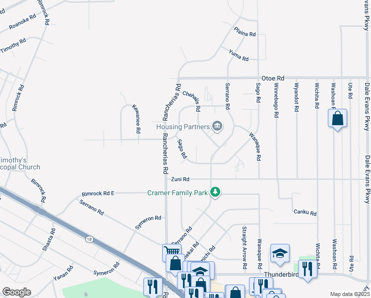 map of restaurants, bars, coffee shops, grocery stores, and more near 15738 Sago Way in Apple Valley