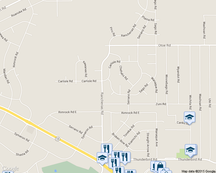 map of restaurants, bars, coffee shops, grocery stores, and more near 15821 Rancherias Road in Apple Valley
