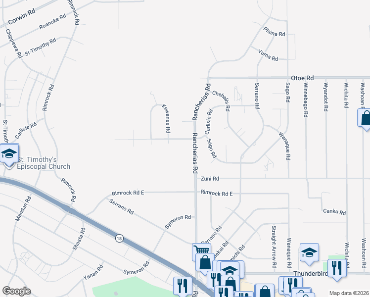map of restaurants, bars, coffee shops, grocery stores, and more near 15810 Rancherias Road in Apple Valley
