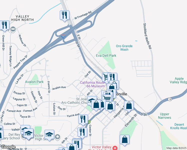 map of restaurants, bars, coffee shops, grocery stores, and more near 16 D Street in Victorville