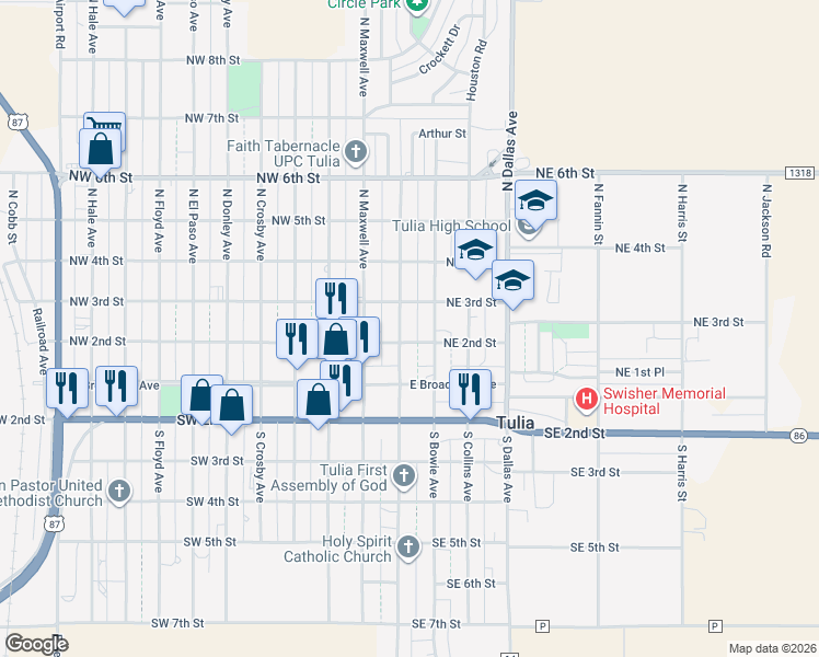 map of restaurants, bars, coffee shops, grocery stores, and more near 210 North Austin Avenue in Tulia