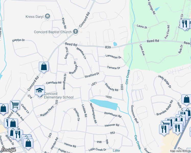 map of restaurants, bars, coffee shops, grocery stores, and more near 1104 Stratford Drive in Anderson