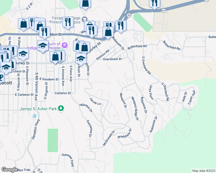 map of restaurants, bars, coffee shops, grocery stores, and more near 232 Point of View in Prescott