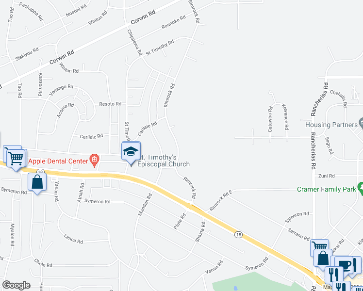 map of restaurants, bars, coffee shops, grocery stores, and more near 15831 Rimrock Road in Apple Valley