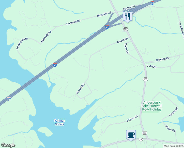 map of restaurants, bars, coffee shops, grocery stores, and more near 1105 Arnold Road in Anderson