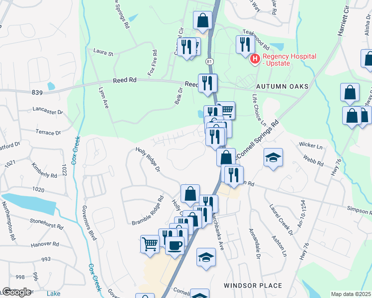 map of restaurants, bars, coffee shops, grocery stores, and more near 2A Shadow Creek Lane in Anderson