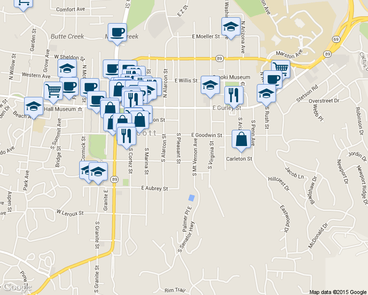 map of restaurants, bars, coffee shops, grocery stores, and more near 221 South Pleasant Street in Prescott