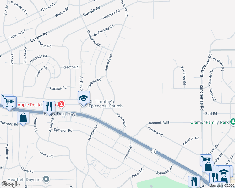 map of restaurants, bars, coffee shops, grocery stores, and more near 15831 Rimrock Road in Apple Valley