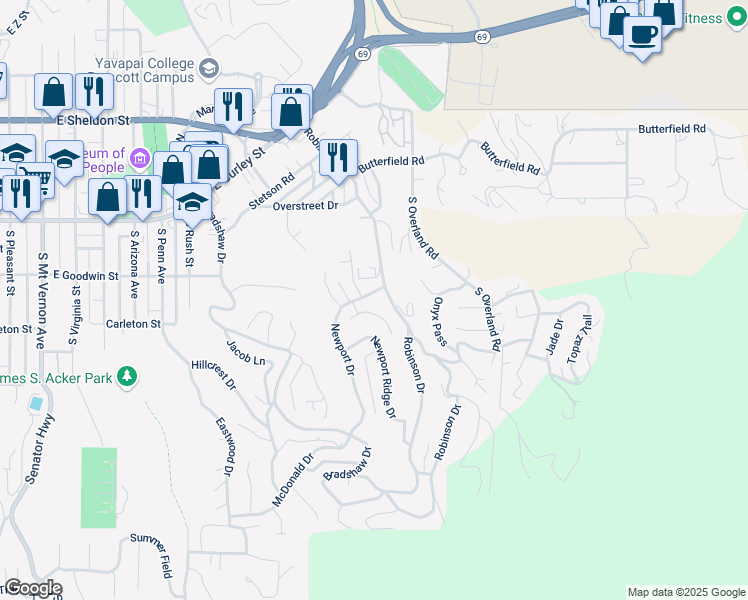 map of restaurants, bars, coffee shops, grocery stores, and more near in Prescott