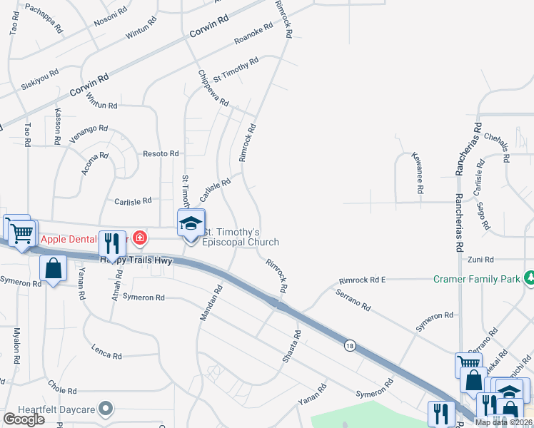 map of restaurants, bars, coffee shops, grocery stores, and more near 15831 Rimrock Road in Apple Valley