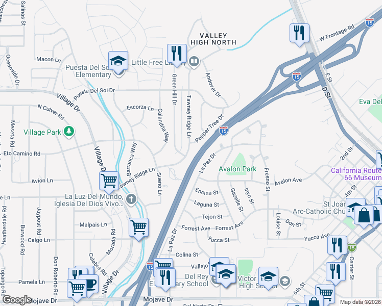 map of restaurants, bars, coffee shops, grocery stores, and more near 16121 Tawney Ridge Lane in Victorville
